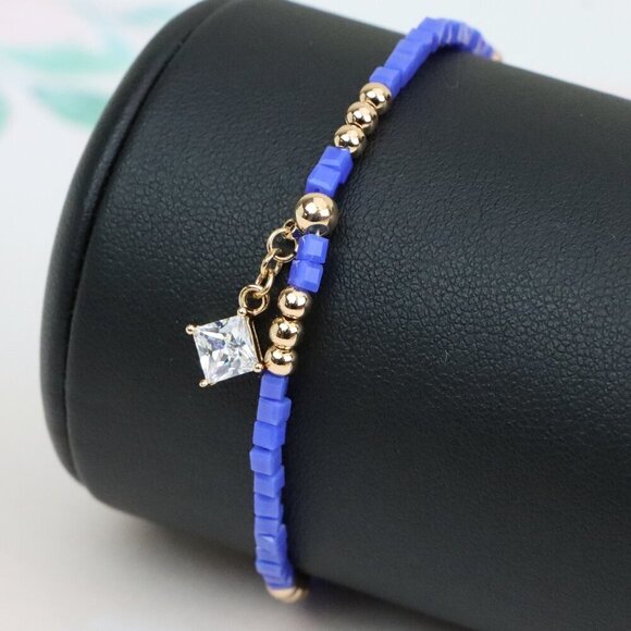 Elegant Rose Gold Bracelet with Blue Beads and Sparkling Charm, XPBL0634 - Picture 1 of 12